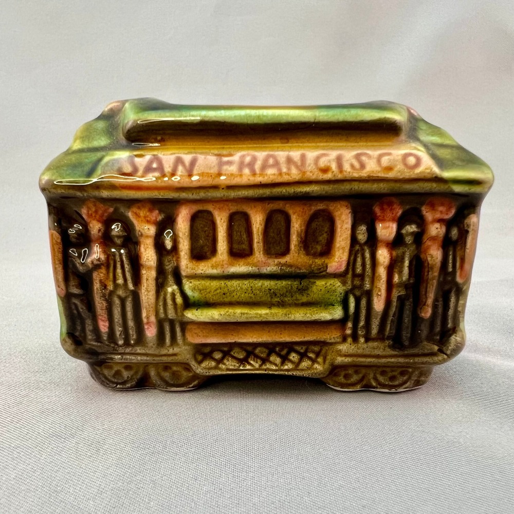 SNCO Imports San Francisco Cable Car Souvenir OS Green Brown Good Drip Glaze MCM